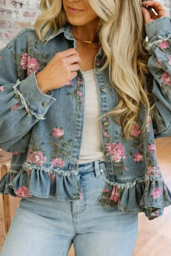 Vintage Floral Peplum Denim Shirt Jacket