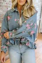 Vintage Floral Peplum Denim Shirt Jacket