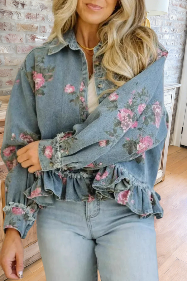 Vintage Floral Peplum Denim Shirt Jacket