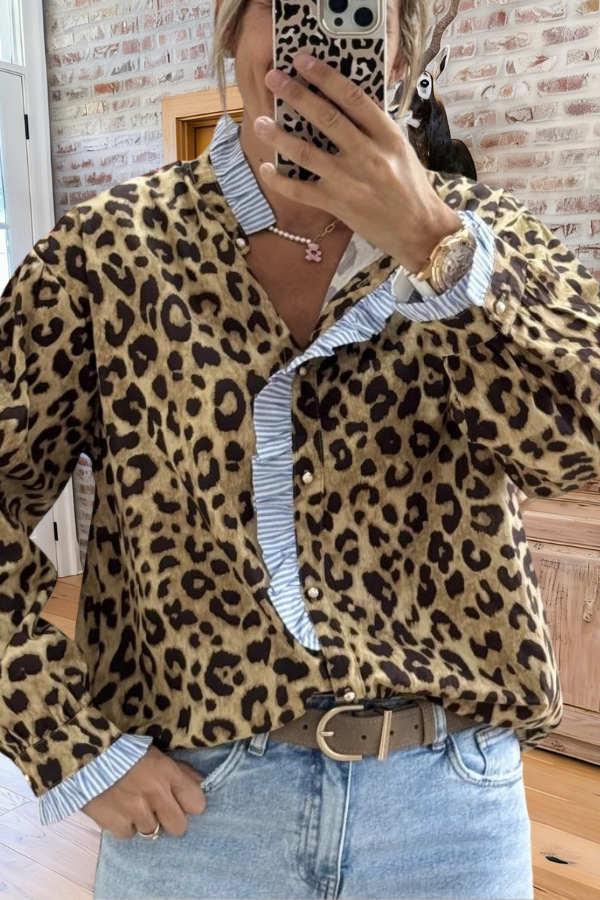 Ruffled Leopard Print Button Down Top