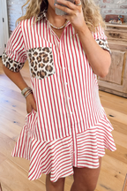 Striped Leopard Trim Shirt Dress