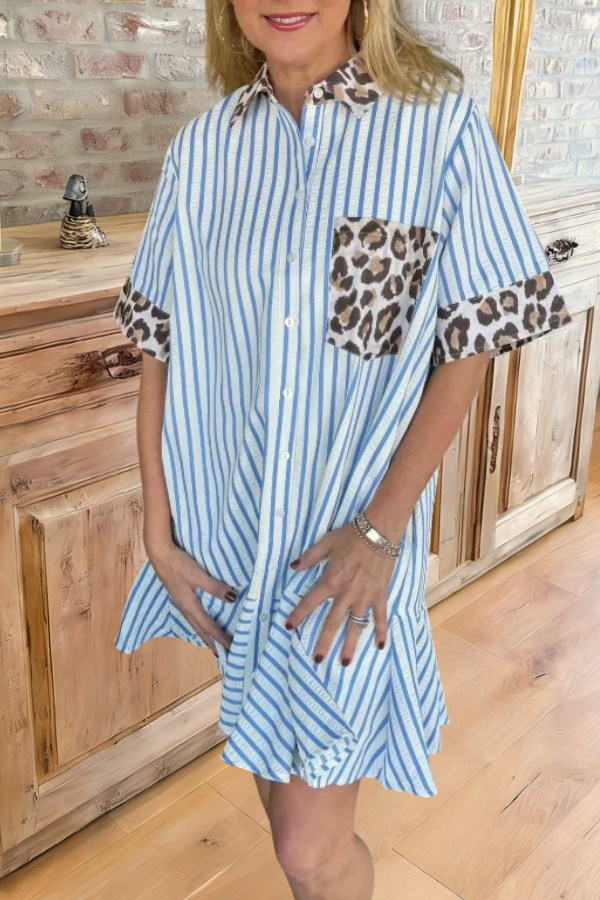 Striped Leopard Trim Shirt Dress