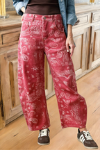 Paisley Print Wide Leg Denim Pants