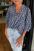 Floral Print V-Neck Puff Sleeve Blouse