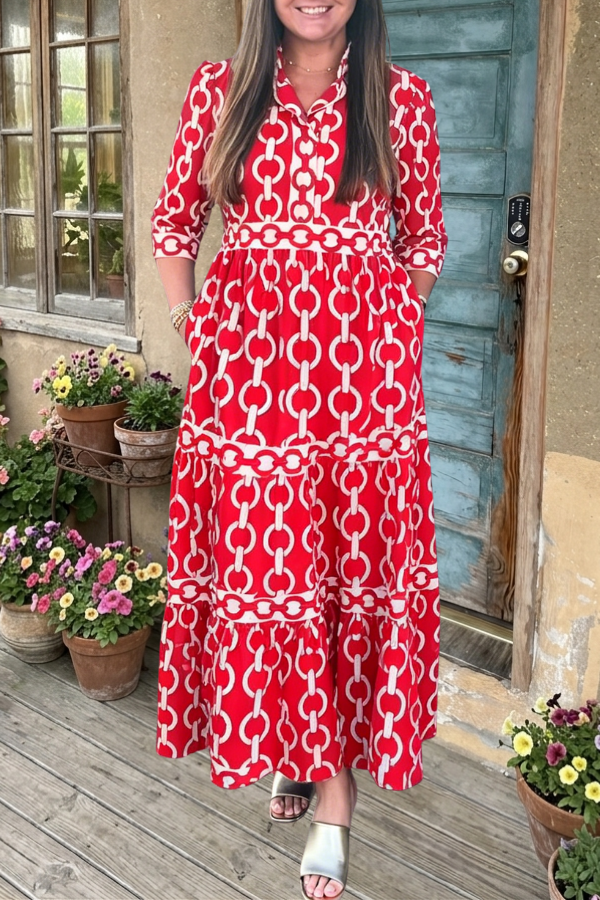 Chain Print Tiered Maxi Shirt Dress
