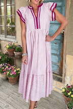 Striped Flutter Sleeve Tiered Midi Dress