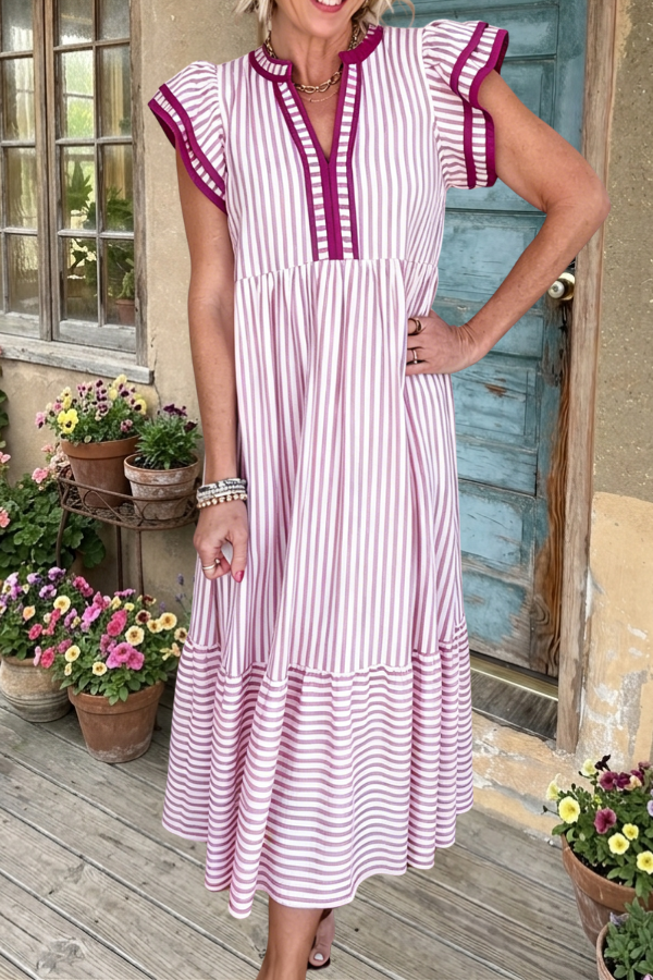 Striped Flutter Sleeve Tiered Midi Dress