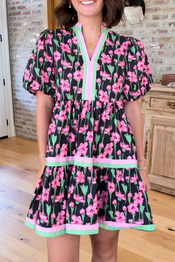 Floral Tiered V-Neck Puff Sleeve Dress