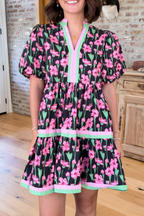 Floral Tiered V-Neck Puff Sleeve Dress