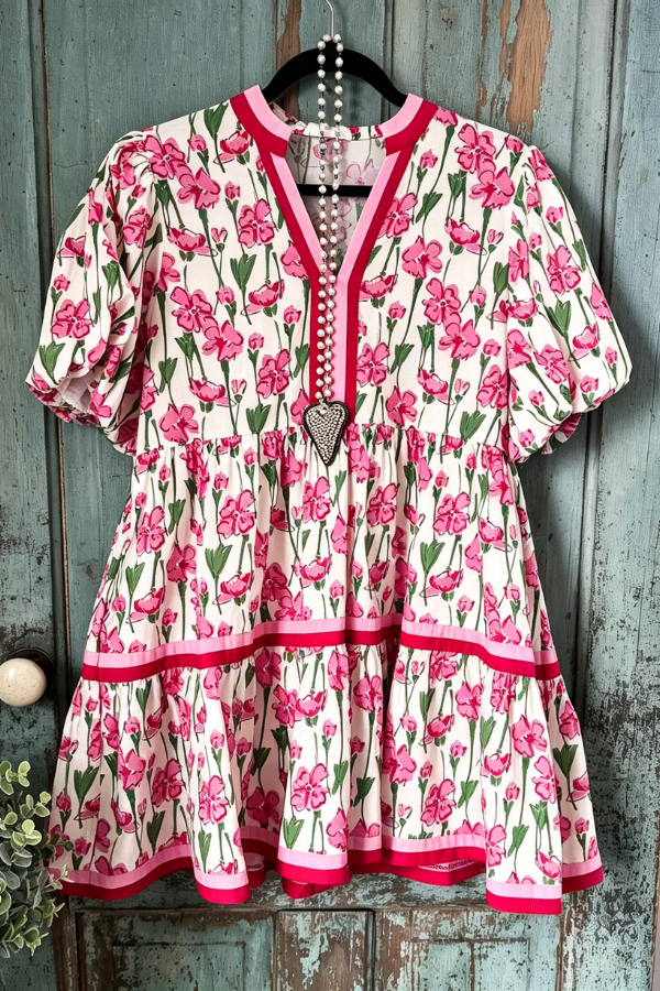 Floral Puff Sleeve Tiered Mini Dress