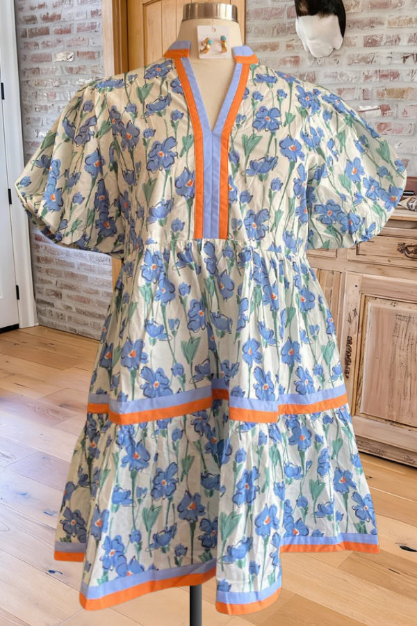Floral Print Puff Sleeve Tiered Mini Dress