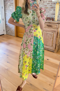 Patchwork Floral Puff Sleeve Midi Dress