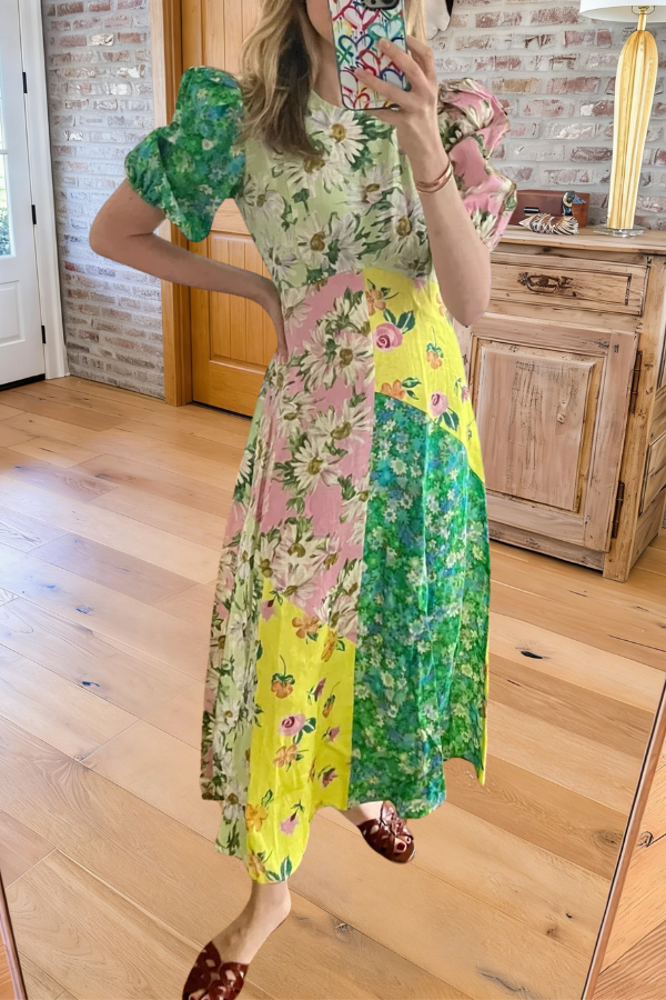 Patchwork Floral Puff Sleeve Midi Dress