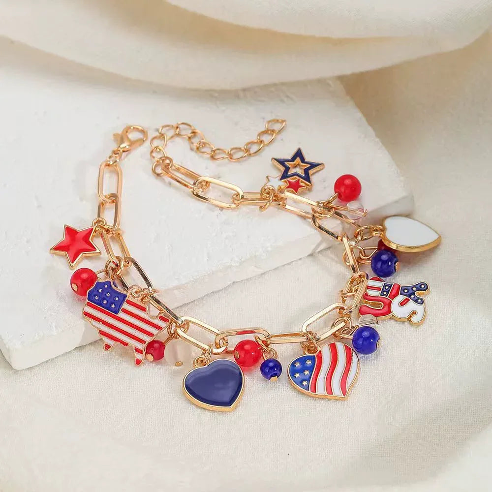 Patriotic USA Heart Charm Link Bracelet