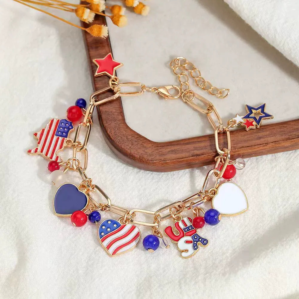 Patriotic USA Heart Charm Link Bracelet
