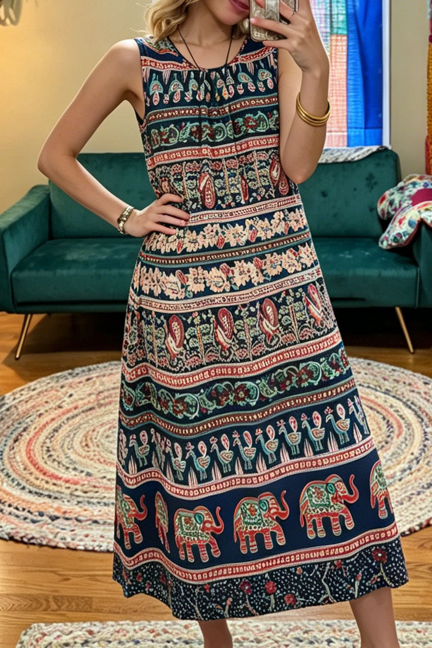 Bohemian Elephant Print Sleeveless Maxi Dress