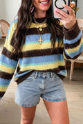 Striped fuzzy knit crew neck sweater with long sleeves