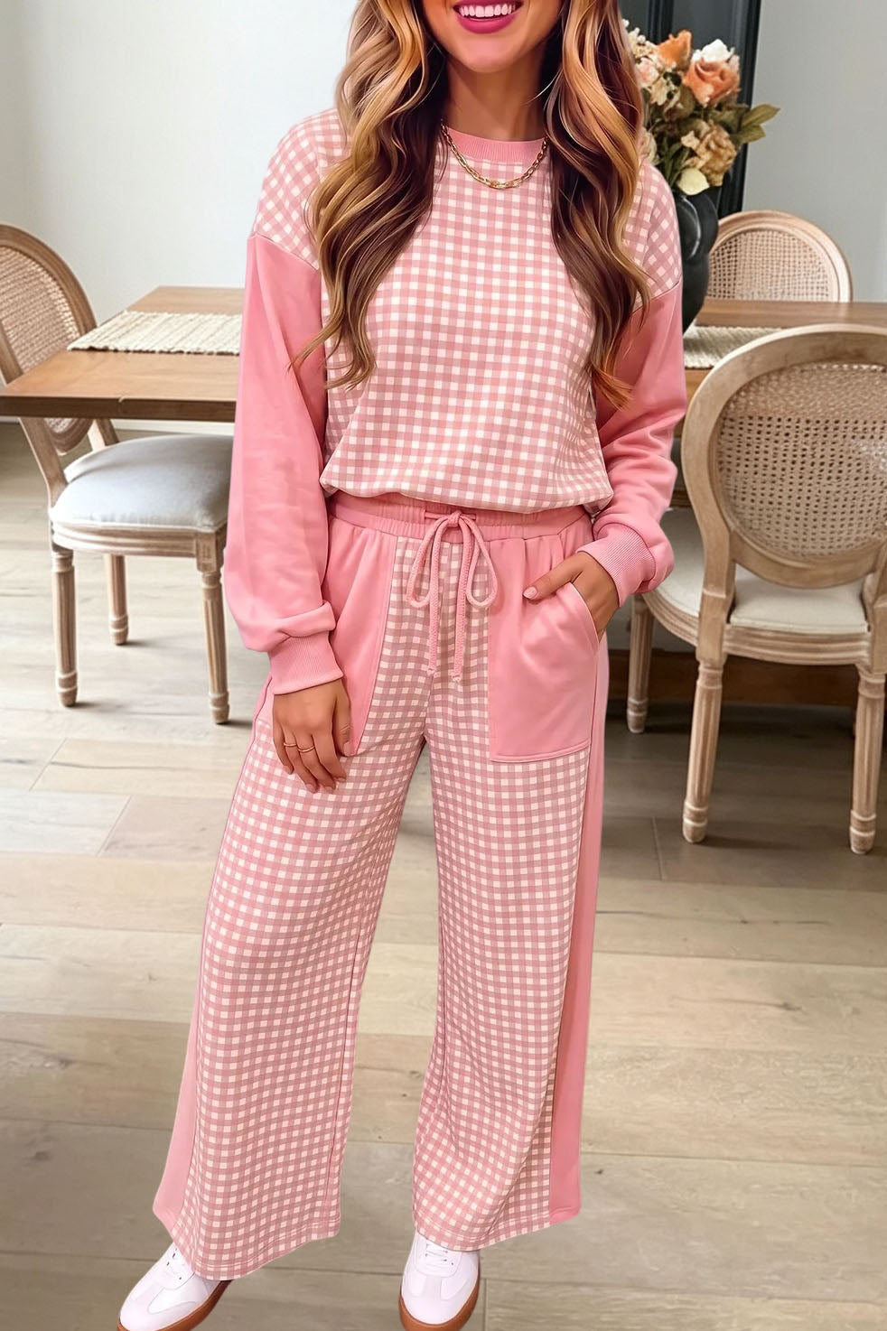 Pink gingham sweatshirt and wide leg pants
