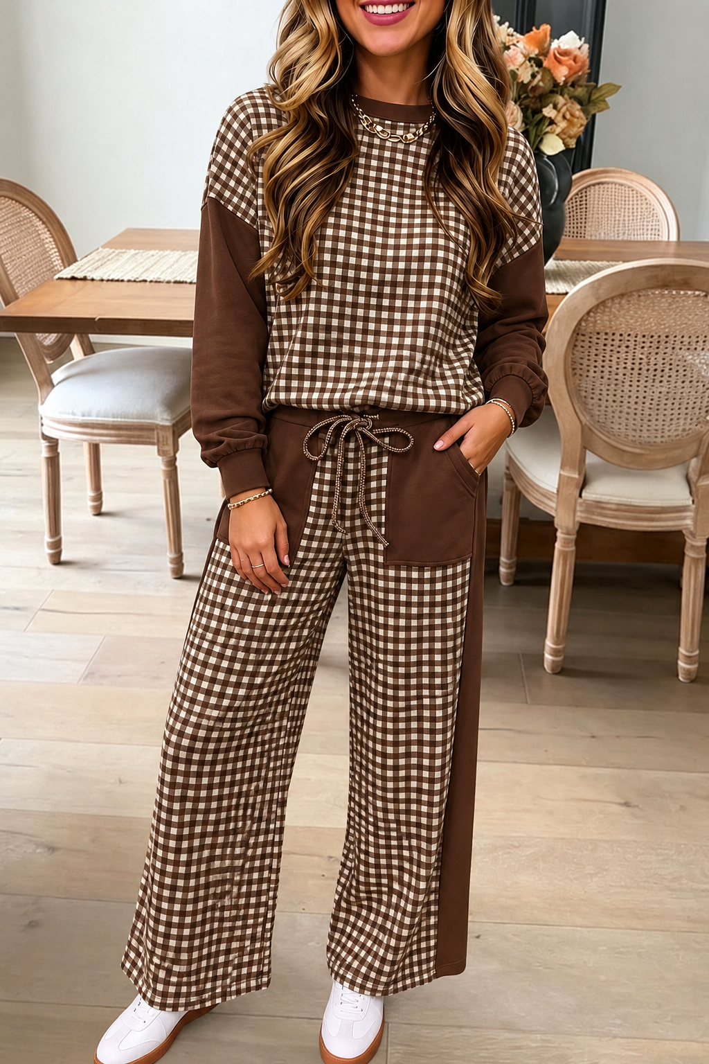 Brown gingham two piece lounge set