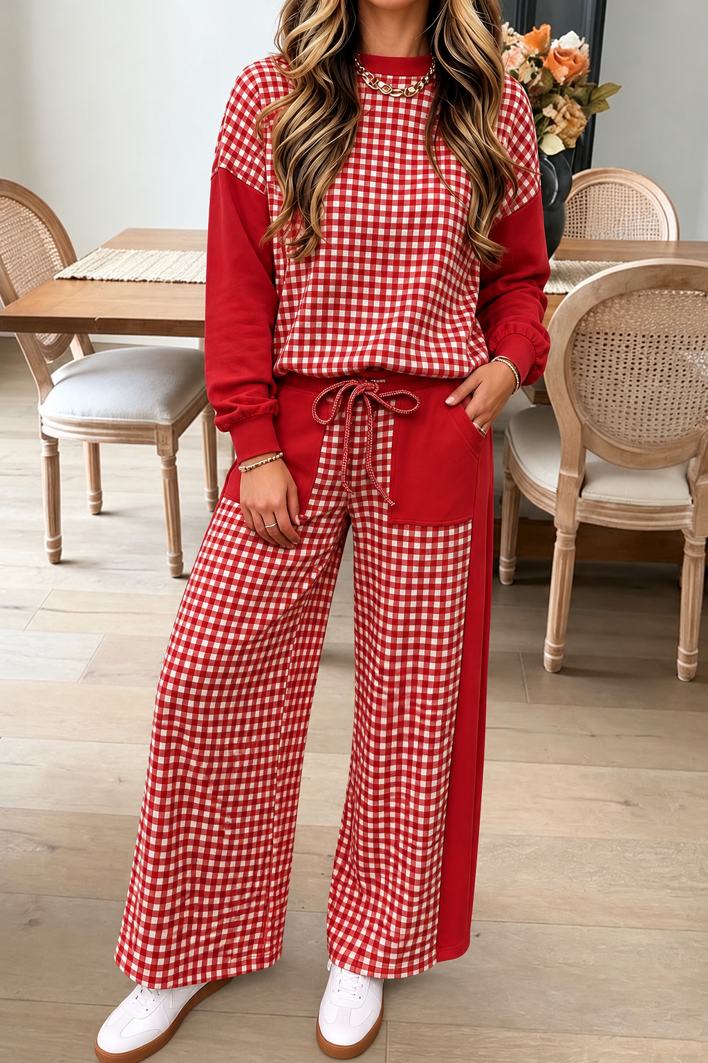 Red gingham two piece lounge set