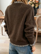 Brown ruffle trim knit sweater back view