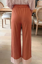 Rust lace trim wide leg drawstring pants back view