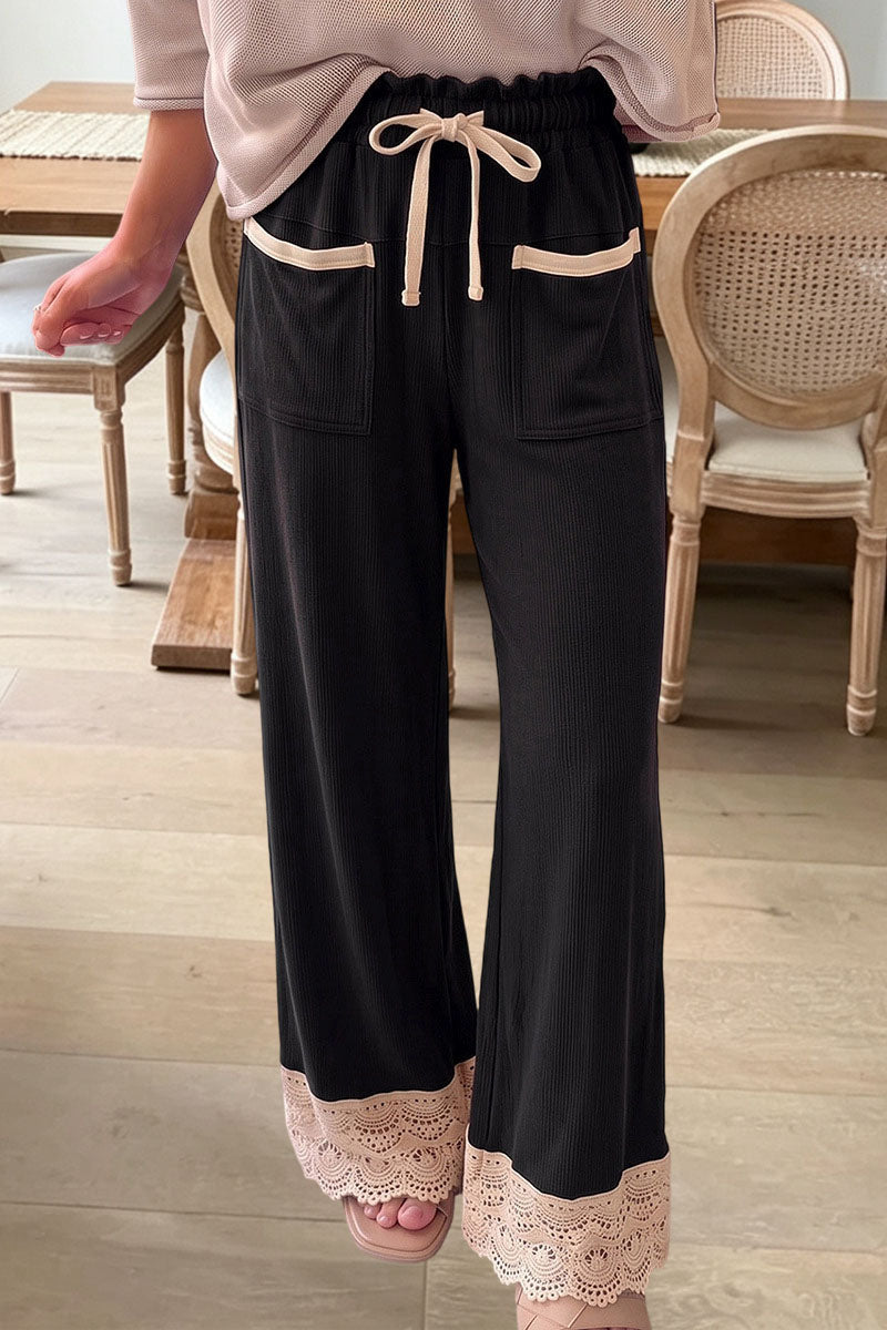 Black lace trim wide leg drawstring pants front view