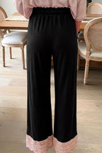 Black lace trim wide leg drawstring pants back view