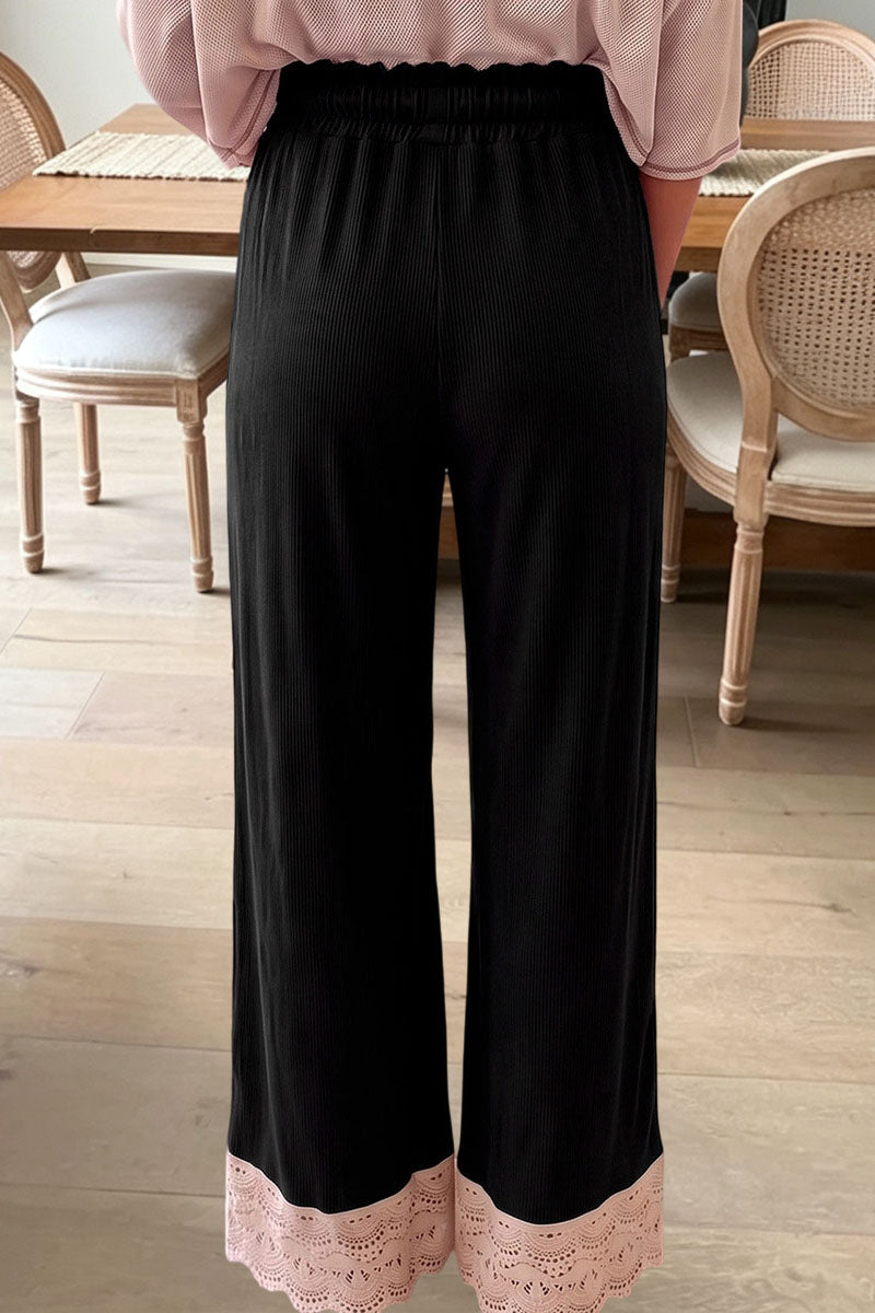 Black lace trim wide leg drawstring pants back view