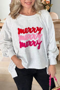Women's light gray Merry graphic Christmas sweatshirt with long sleeves