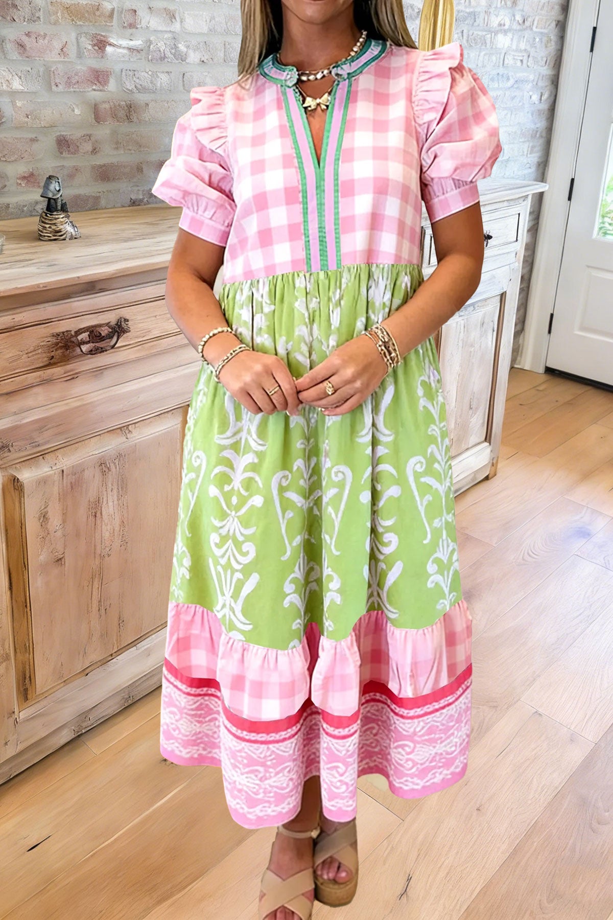 Gingham Print Ruffle Tiered Dress