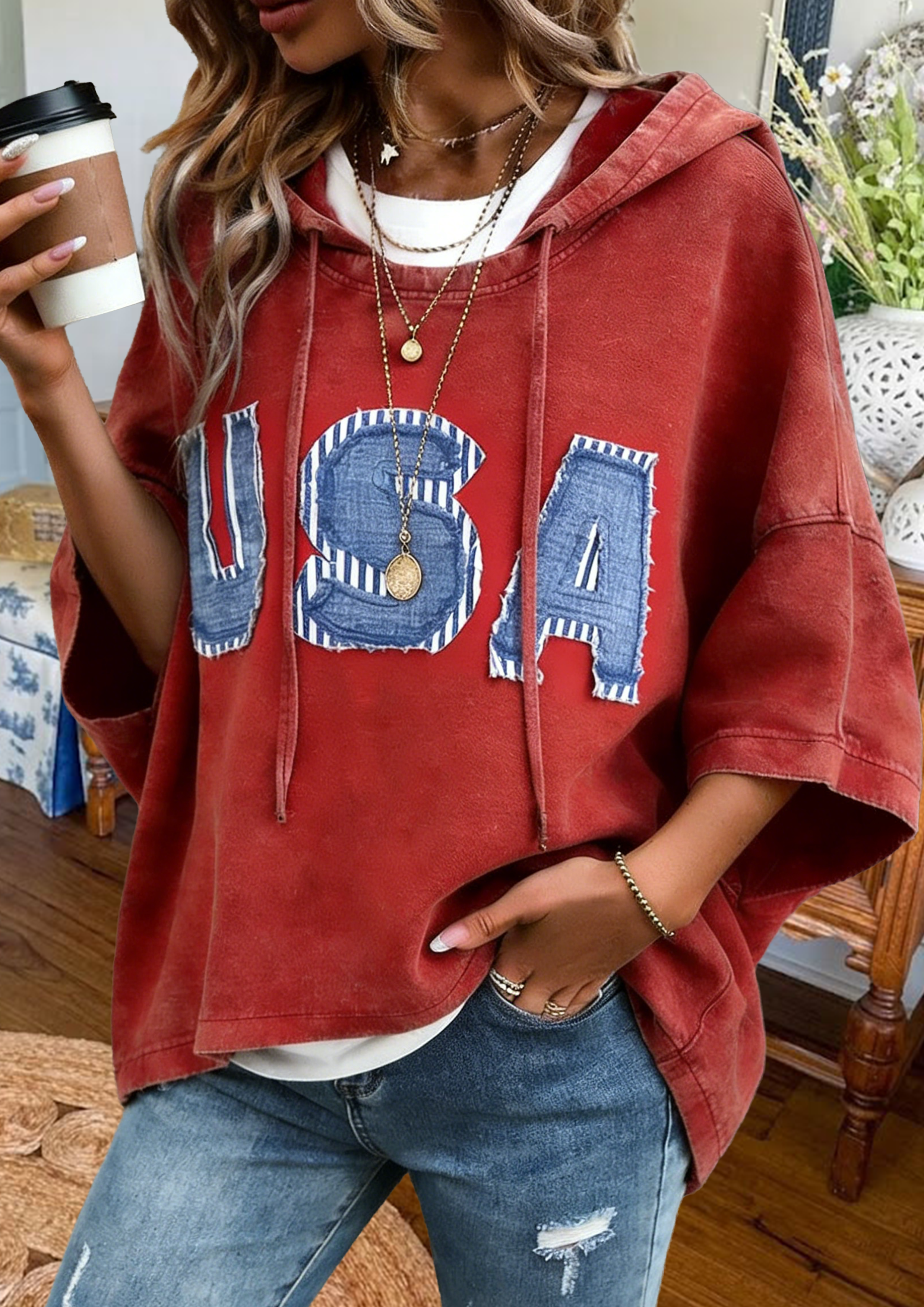 USA Denim Patchwork Oversized Hoodie