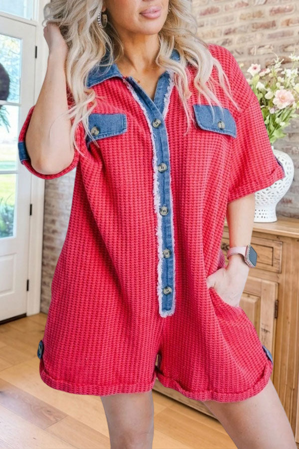 Waffle Knit Denim Patch Romper