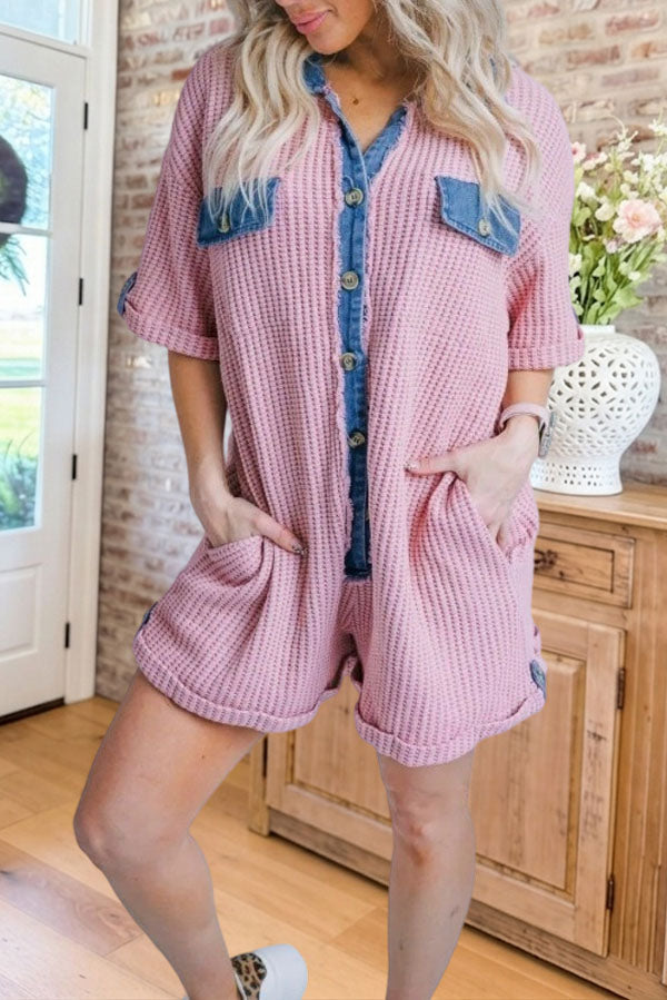 Waffle Knit Denim Patch Romper