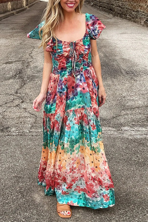 Floral Patchwork Tie Front Maxi Dress