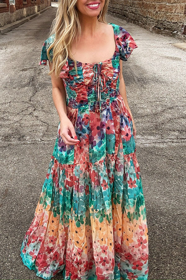 Floral Patchwork Tie Front Maxi Dress