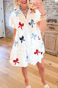 Bow Print Tiered Mini Shirt Dress