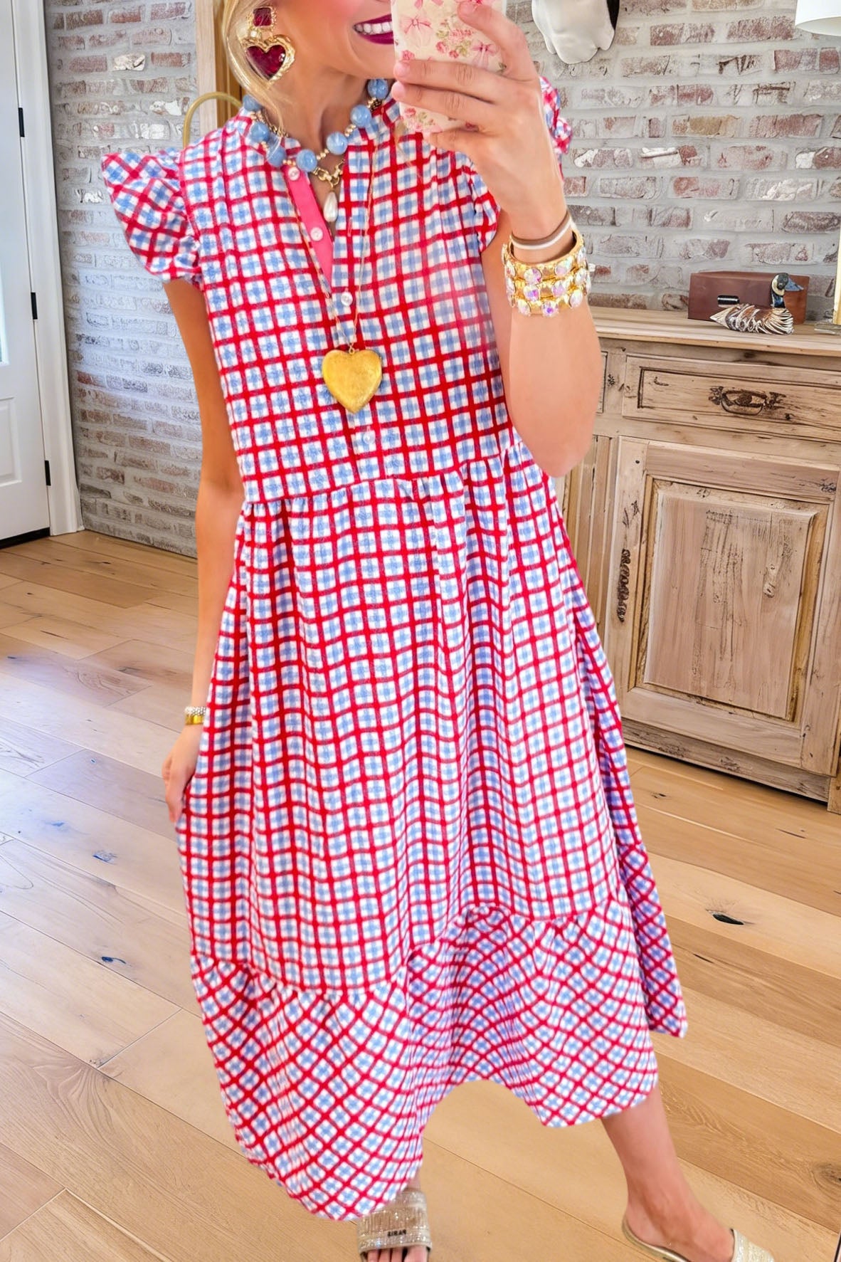 Gingham Plaid Tiered Midi Dress