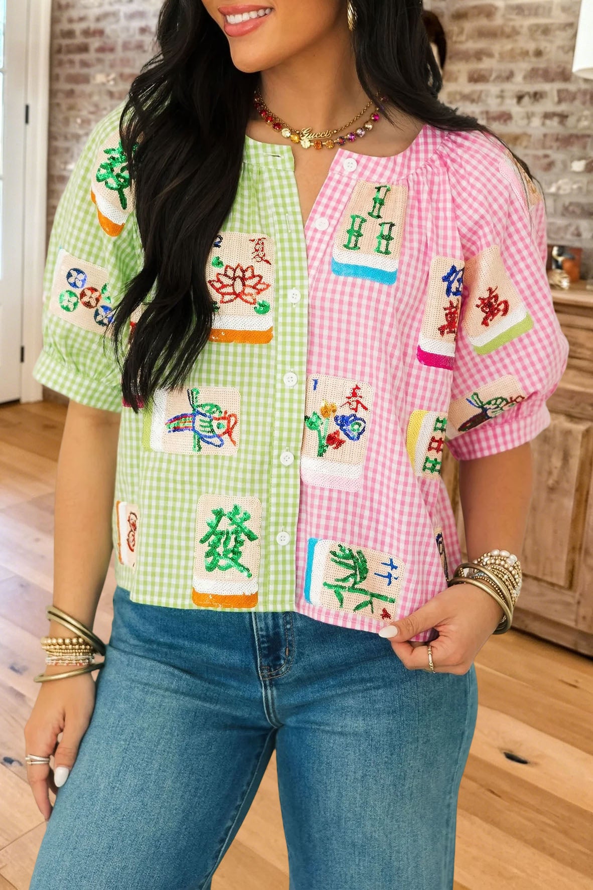 Mahjong Gingham Puff Sleeve Button Up