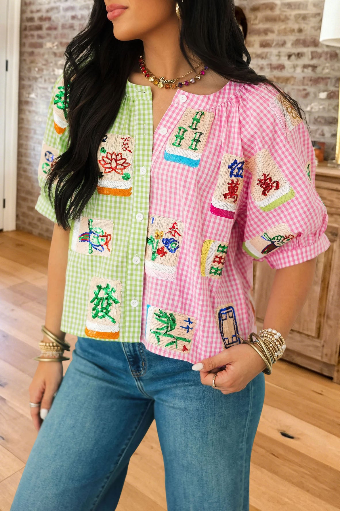 Mahjong Gingham Puff Sleeve Button Up
