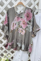 Floral Print Ruffle Hem Linen Top