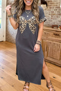 Leopard Bow Graphic Side Slit Maxi Dress