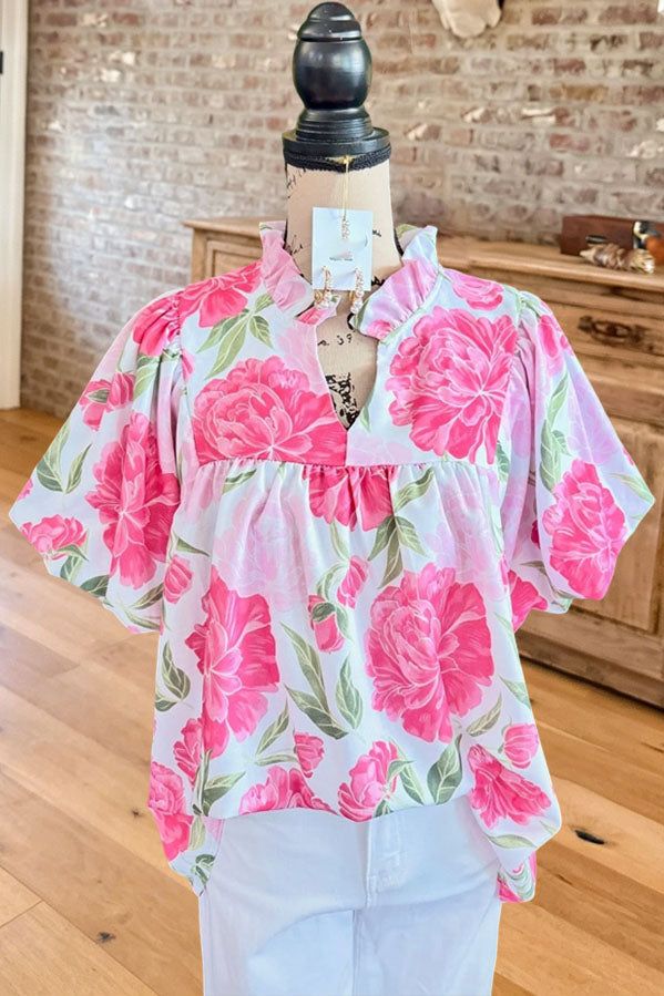 Floral Peony Ruffle Neck Blouse