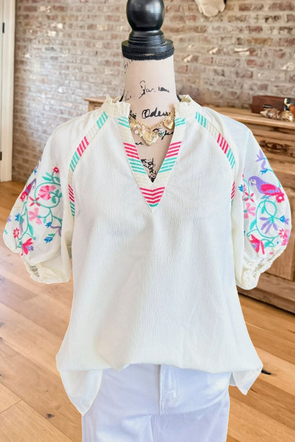 Embroidered Boho V-Neck Blouse