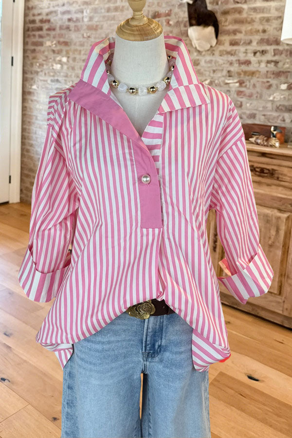 Striped Collared 3/4 Sleeve Blouse