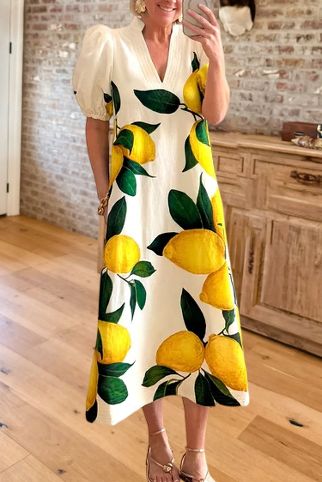 Lemon Print Puff Sleeve Midi Dress