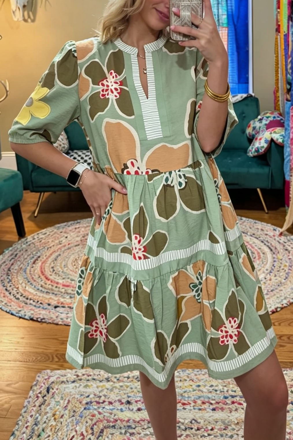 Floral Print Tiered V-Neck Mini Dress