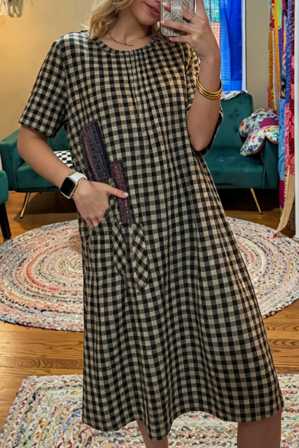 Checkered Print Casual Midi Dress