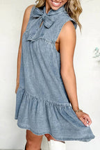 Washed Blue Denim Girly Pussy Bow Tiered Mini Dress