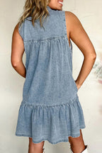 Washed Blue Denim Girly Pussy Bow Tiered Mini Dress